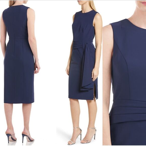 Kay Unger Raven Draped Sheath Midi Dress - Picture 2 of 16